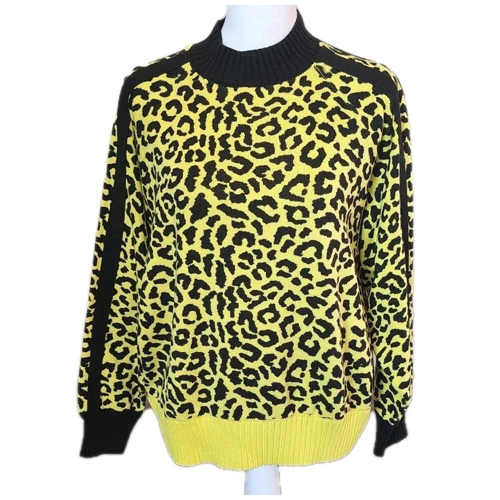 Central Park West Sweater Womens Medium Neon Yellow Leopard Ribbed Crewneck Cozy